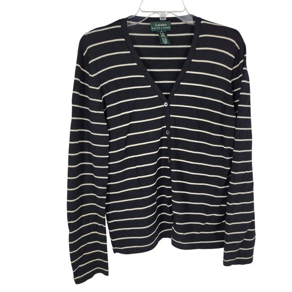 Lauren Ralph Lauren Silk Stripe Cardigan Sweater XL Minimalist Preppy Stretch - Picture 1 of 3